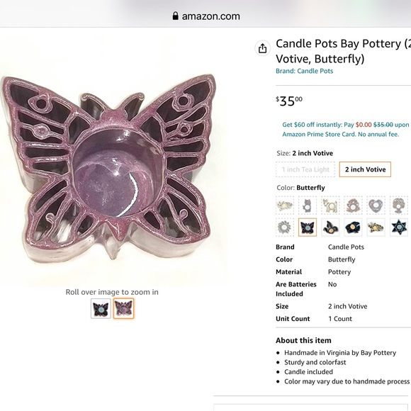 Candle Pots Butterfly Pottery Candle Holder NWT - Picture 6 of 6